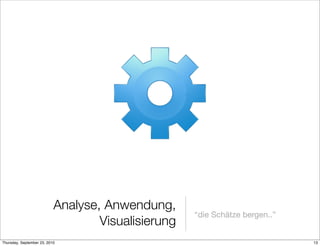 Analyse, Anwendung,
                                                    “die Schätze bergen..”
                                   Visualisierung
Thursday, September 23, 2010                                                 13
 