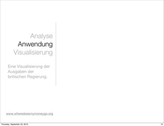 Analyse
             Anwendung
            Visualisierung
       Eine Visualisierung der
       Ausgaben der
       britischen Regierung.




     www.wheredoesmymoneygo.org


Thursday, September 23, 2010      15
 