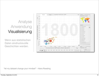 Analyse
             Anwendung
            Visualisierung
       Wenn aus statistischen
       Daten eindrucksvolle
       Geschichten werden.




     “let my dataset change your mindset” - Hans Roesling


Thursday, September 23, 2010                                16
 