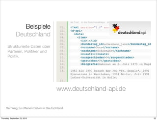 Beispiele
               Deutschland
       Strukturierte Daten über
       Parteien, Politiker und
       Politik.




                                       www.deutschland-api.de

     Der Weg zu offenen Daten in Deutschland.


Thursday, September 23, 2010                                    32
 