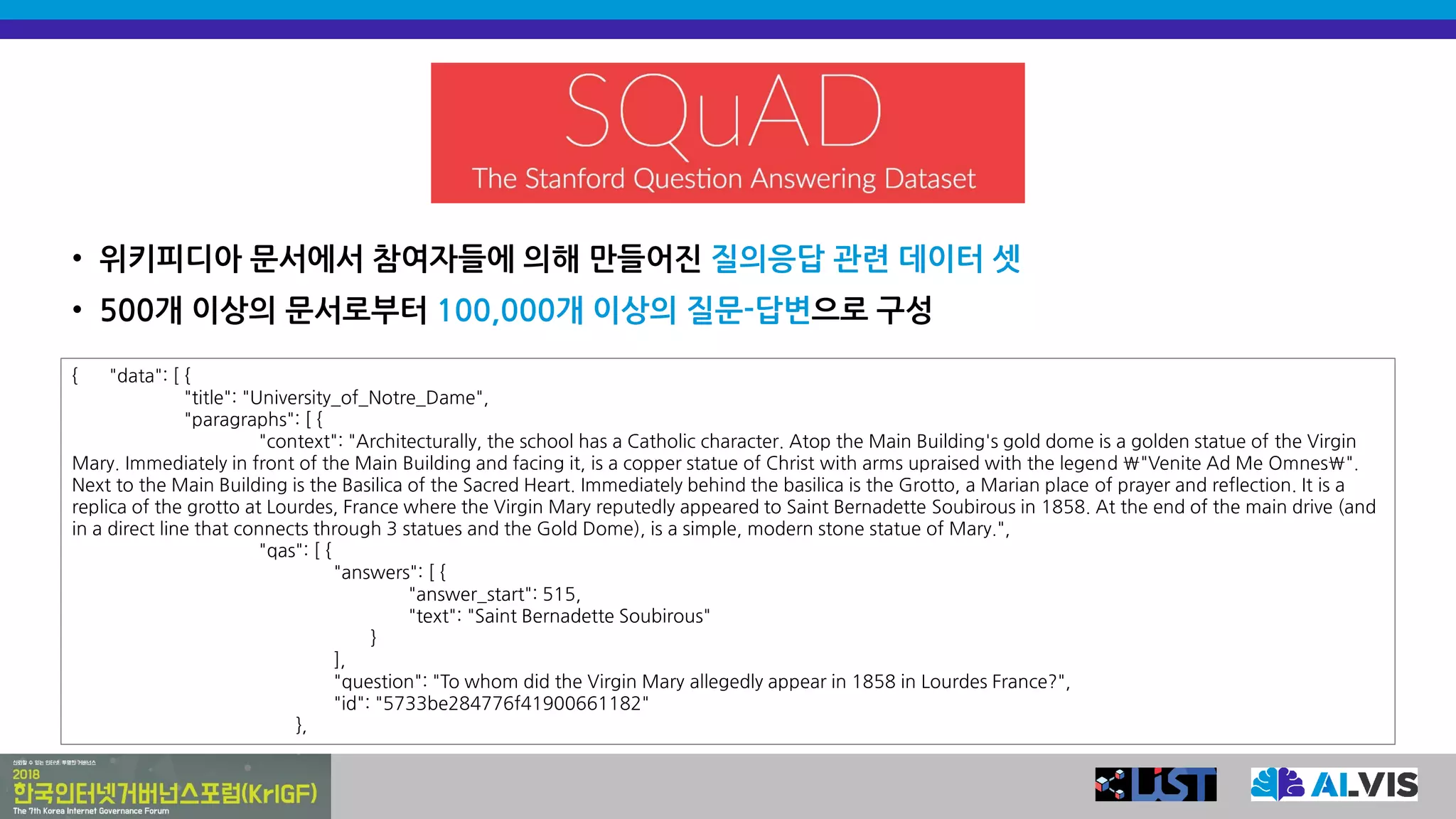 • 위키피디아 문서에서 참여자들에 의해 만들어진 질의응답 관련 데이터 셋
• 500개 이상의 문서로부터 100,000개 이상의 질문-답변으로 구성
{ "data": [ {
"title": "University_of_Notre_Dame",
"paragraphs": [ {
"context": "Architecturally, the school has a Catholic character. Atop the Main Building's gold dome is a golden statue of the Virgin
Mary. Immediately in front of the Main Building and facing it, is a copper statue of Christ with arms upraised with the legend "Venite Ad Me Omnes".
Next to the Main Building is the Basilica of the Sacred Heart. Immediately behind the basilica is the Grotto, a Marian place of prayer and reflection. It is a
replica of the grotto at Lourdes, France where the Virgin Mary reputedly appeared to Saint Bernadette Soubirous in 1858. At the end of the main drive (and
in a direct line that connects through 3 statues and the Gold Dome), is a simple, modern stone statue of Mary.",
"qas": [ {
"answers": [ {
"answer_start": 515,
"text": "Saint Bernadette Soubirous"
}
],
"question": "To whom did the Virgin Mary allegedly appear in 1858 in Lourdes France?",
"id": "5733be284776f41900661182"
},
 