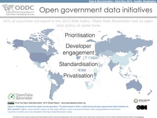 Data & Discrimination - 22nd May 2014 - Seattle, Washington
The funding for this work has been provided through the World Wide Web Foundation 'Exploring the Emerging Impacts of Open Data in Developing Countries' research project, supported by grant 107075 from Canada’s International Development Research Centre (web.idrc.ca).
Open government data initiatives
55% of countries surveyed in the 2013 Web Index / Open Data Barometer had an open
data policy of some form
Prioritisation
Standardisation
Developer
engagement
Privatisation
 