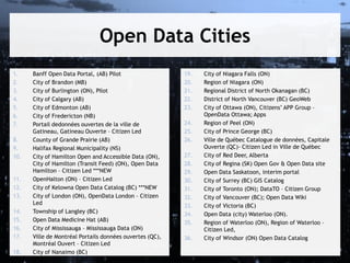 Open Data Cities
1.
2.
3.
4.
5.
6.
7.
8.
9.
10.

11.
12.
13.
14.
15.
16.
17.

18.

Banff Open Data Portal, (AB) Pilot
City of Brandon (MB)
City of Burlington (ON), Pilot
City of Calgary (AB)
City of Edmonton (AB)
City of Fredericton (NB)
Portail dedonnées ouvertes de la ville de
Gatineau, Gatineau Ouverte – Citizen Led
County of Grande Prairie (AB)
Halifax Regional Municipality (NS)
City of Hamilton Open and Accessible Data (ON),
City of Hamilton (Transit Feed) (ON), Open Data
Hamilton – Citizen Led ***NEW
OpenHalton (ON) – Citizen Led
City of Kelowna Open Data Catalog (BC) ***NEW
City of London (ON), OpenData London – Citizen
Led
Township of Langley (BC)
Open Data Medicine Hat (AB)
City of Mississauga – Mississauga Data (ON)
Ville de Montréal Portails données ouvertes (QC),
Montréal Ouvert – Citizen Led
City of Nanaimo (BC)

19.
20.
21.
22.
23.
24.
25.
26.
27.
28.
29.
30.
31.
32.
33.
34.
35.
36.

City of Niagara Falls (ON)
Region of Niagara (ON)
Regional District of North Okanagan (BC)
District of North Vancouver (BC) GeoWeb
City of Ottawa (ON), Citizens’ APP Group –
OpenData Ottawa; Apps
Region of Peel (ON)
City of Prince George (BC)
Ville de Québec Catalogue de données, Capitale
Ouverte (QC)- Citizen Led in Ville de Québec
City of Red Deer, Alberta
City of Regina (SK) Open Gov & Open Data site
Open Data Saskatoon, interim portal
City of Surrey (BC) GIS Catalog
City of Toronto (ON); DataTO – Citizen Group
City of Vancouver (BC); Open Data Wiki
City of Victoria (BC)
Open Data (city) Waterloo (ON).
Region of Waterloo (ON), Region of Waterloo –
Citizen Led,
City of Windsor (ON) Open Data Catalog

 