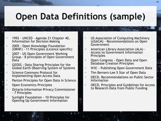 Open Data Definitions (sample)
 1992 - UNCED – Agenda 21 Chapter 40,
Information for Decision Making
 2005 - Open Knowledge Foundation
(OKNF) - 11 Principles (Licence specific)
 2007 - US Open Government Working
Group - 8 principles of Open Government
Data
 GEOSS - Data Sharing Principles for the
Global Earth Observing System of Systems
 Science Commons Protocol for
Implementing Open Access Data
 Panton Principles for Open Data in Science
 Open Economics Principles
 Ontario Information Privacy Commissioner
- 7 Principles
 Sunlight Foundation - 10 Principles for
Opening Up Government Information
 US Association of Computing Machinery
(USACM) – Recommendations on Open
Government
 American Library Association (ALA) –
Access to Government Information
Principles
 Open Congress - Open Data and Open
Database Creation Principles
 W3C - Publishing Open Government Data
 Tim Berners-Lee 5 Star of Open Data
 OECD, Recommendations on Public Sector
Information
 OECD, Principles and Guidelines for Access
to Research Data from Public Funding
 