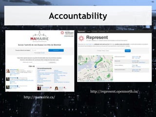 Accountability
http://mamairie.ca/
http://represent.opennorth.ca/
 
