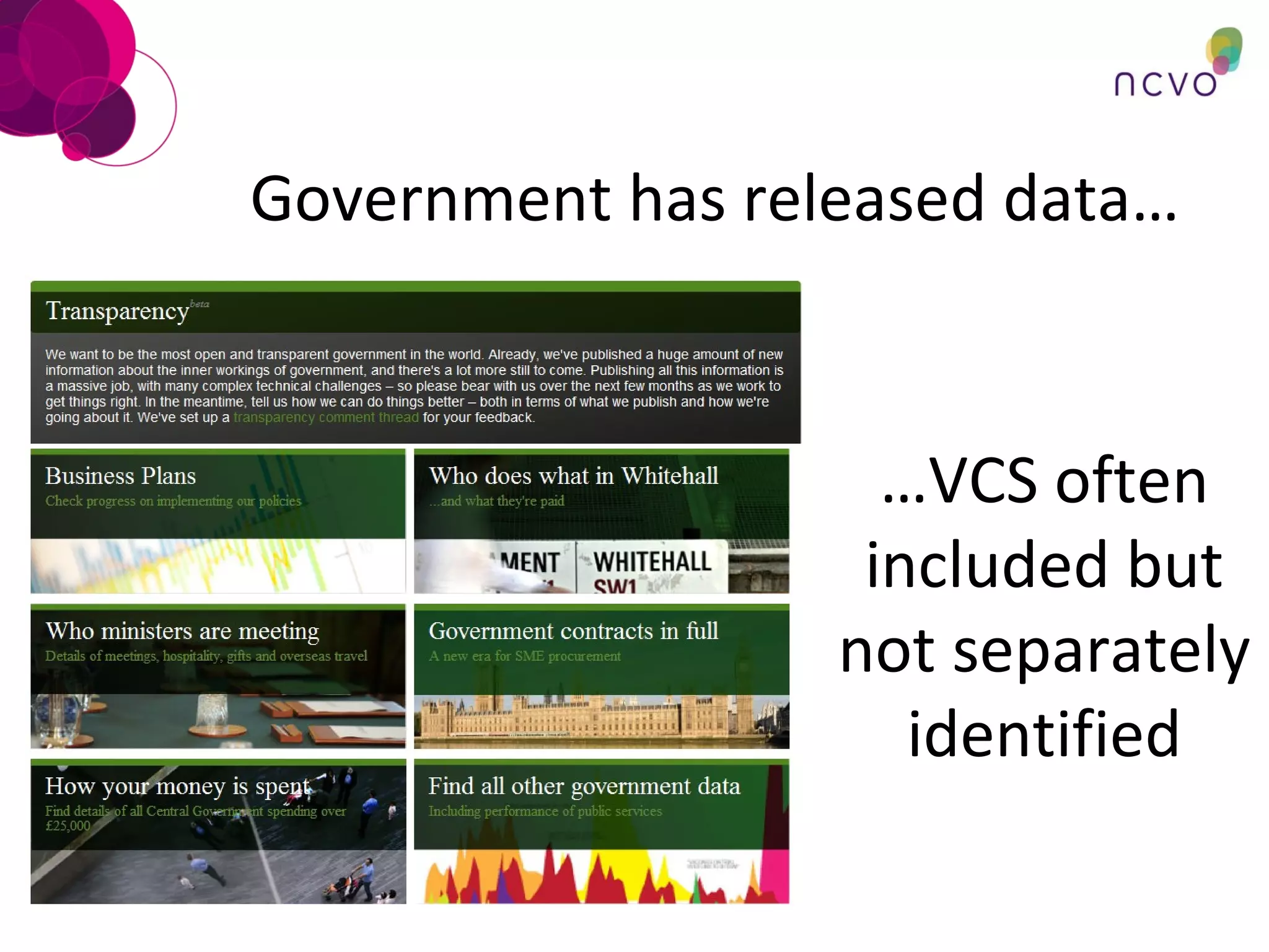 Government has released data… … VCS often included but not separately identified 