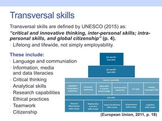 Transversal skills
Transversal skills are defined by UNESCO (2015) as:
“critical and innovative thinking, inter-personal s...