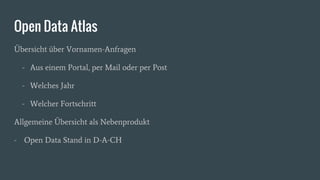 Open Data Atlas
Übersicht über Vornamen-Anfragen
- Aus einem Portal, per Mail oder per Post
- Welches Jahr
- Welcher Fortschritt
Allgemeine Übersicht als Nebenprodukt
- Open Data Stand in D-A-CH
 