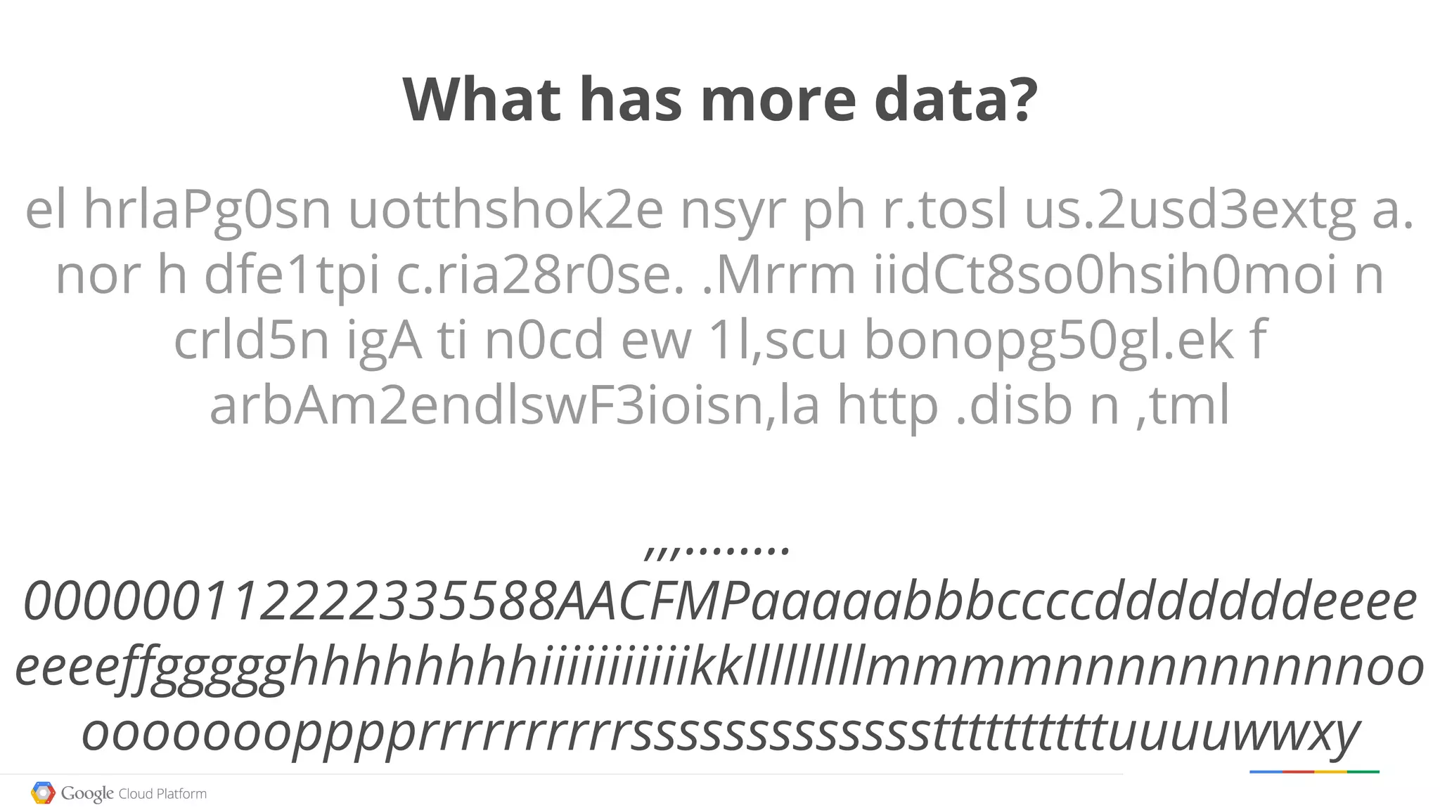 Google confidential │ Do not distribute
What has more data?
el hrlaPg0sn uotthshok2e nsyr ph r.tosl us.2usd3extg a.
nor h dfe1tpi c.ria28r0se. .Mrrm iidCt8so0hsih0moi n
crld5n igA ti n0cd ew 1l,scu bonopg50gl.ek f
arbAm2endlswF3ioisn,la http .disb n ,tml
,,,........
000000112222335588AACFMPaaaaabbbccccdddddddeeee
eeeeffggggghhhhhhhhiiiiiiiiiiikklllllllllmmmmnnnnnnnnnnoo
ooooooopppprrrrrrrrrrsssssssssssssttttttttttuuuuwwxy
 