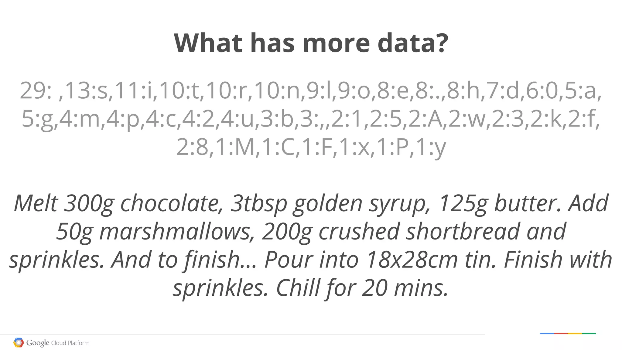 Google confidential │ Do not distribute
What has more data?
29: ,13:s,11:i,10:t,10:r,10:n,9:l,9:o,8:e,8:.,8:h,7:d,6:0,5:a,
5:g,4:m,4:p,4:c,4:2,4:u,3:b,3:,,2:1,2:5,2:A,2:w,2:3,2:k,2:f,
2:8,1:M,1:C,1:F,1:x,1:P,1:y
Melt 300g chocolate, 3tbsp golden syrup, 125g butter. Add
50g marshmallows, 200g crushed shortbread and
sprinkles. And to finish... Pour into 18x28cm tin. Finish with
sprinkles. Chill for 20 mins.
 