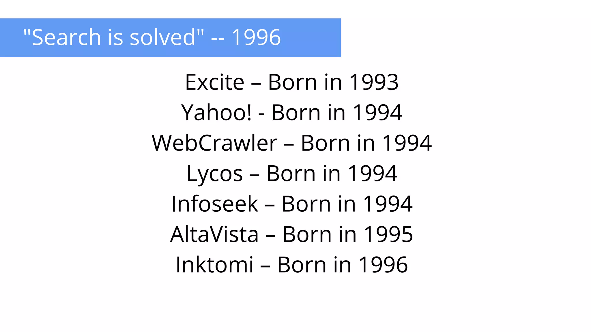 "Search is solved" -- 1996
Excite – Born in 1993
Yahoo! - Born in 1994
WebCrawler – Born in 1994
Lycos – Born in 1994
Infoseek – Born in 1994
AltaVista – Born in 1995
Inktomi – Born in 1996
 