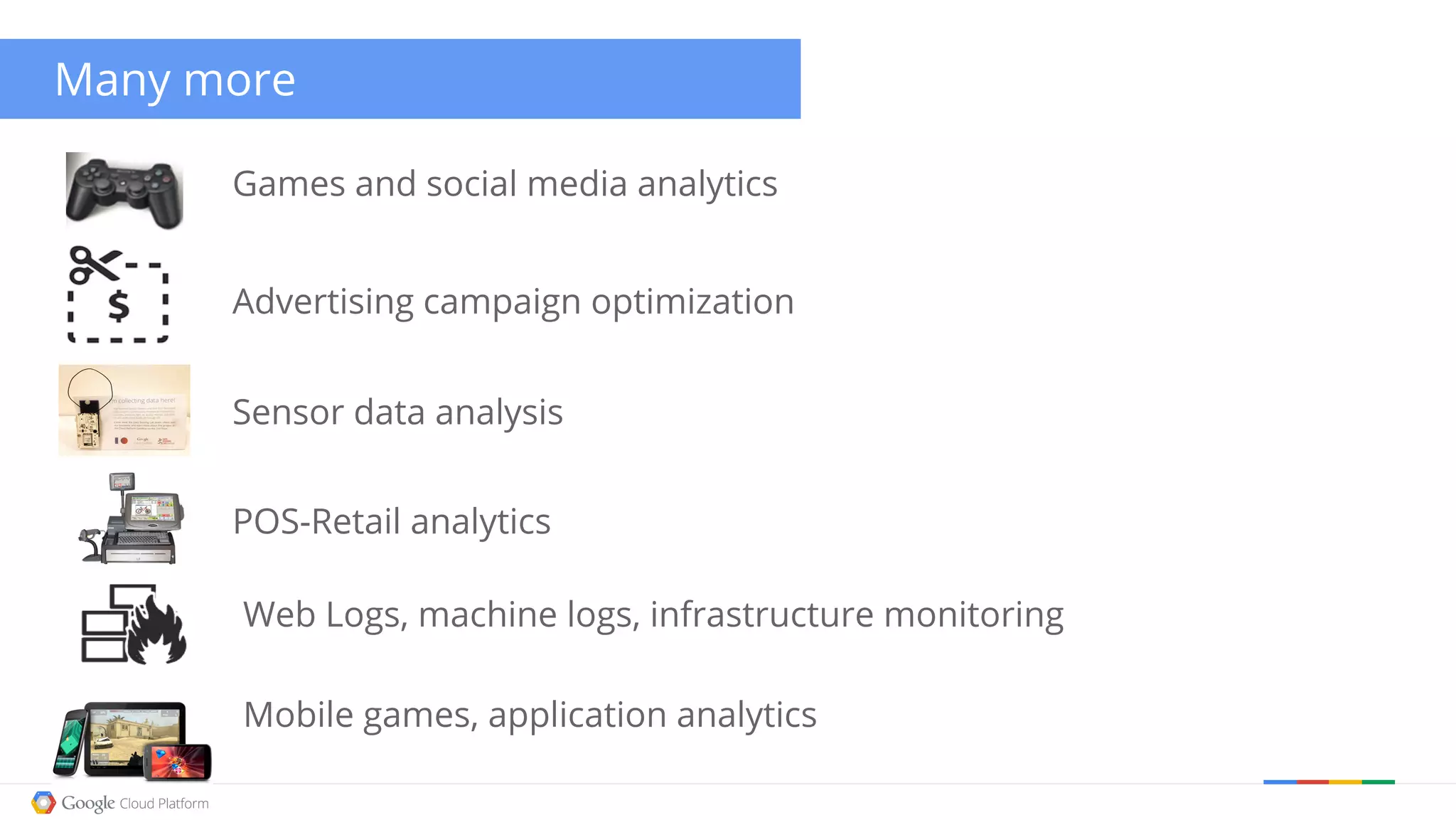 Many more
Games and social media analytics
Advertising campaign optimization
Web Logs, machine logs, infrastructure monitoring
POS-Retail analytics
Sensor data analysis
Mobile games, application analytics
 