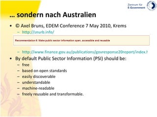 … sondern nach Australien © Axel Bruns, EDEM Conference 7 May 2010, Krems http://snurb.info/ http://www.finance.gov.au/publications/govresponse20report/index.html By default Public Sector Information (PSI) should be:  free  based on open standards  easily discoverable  understandable  machine-readable  freely reusable and transformable.  