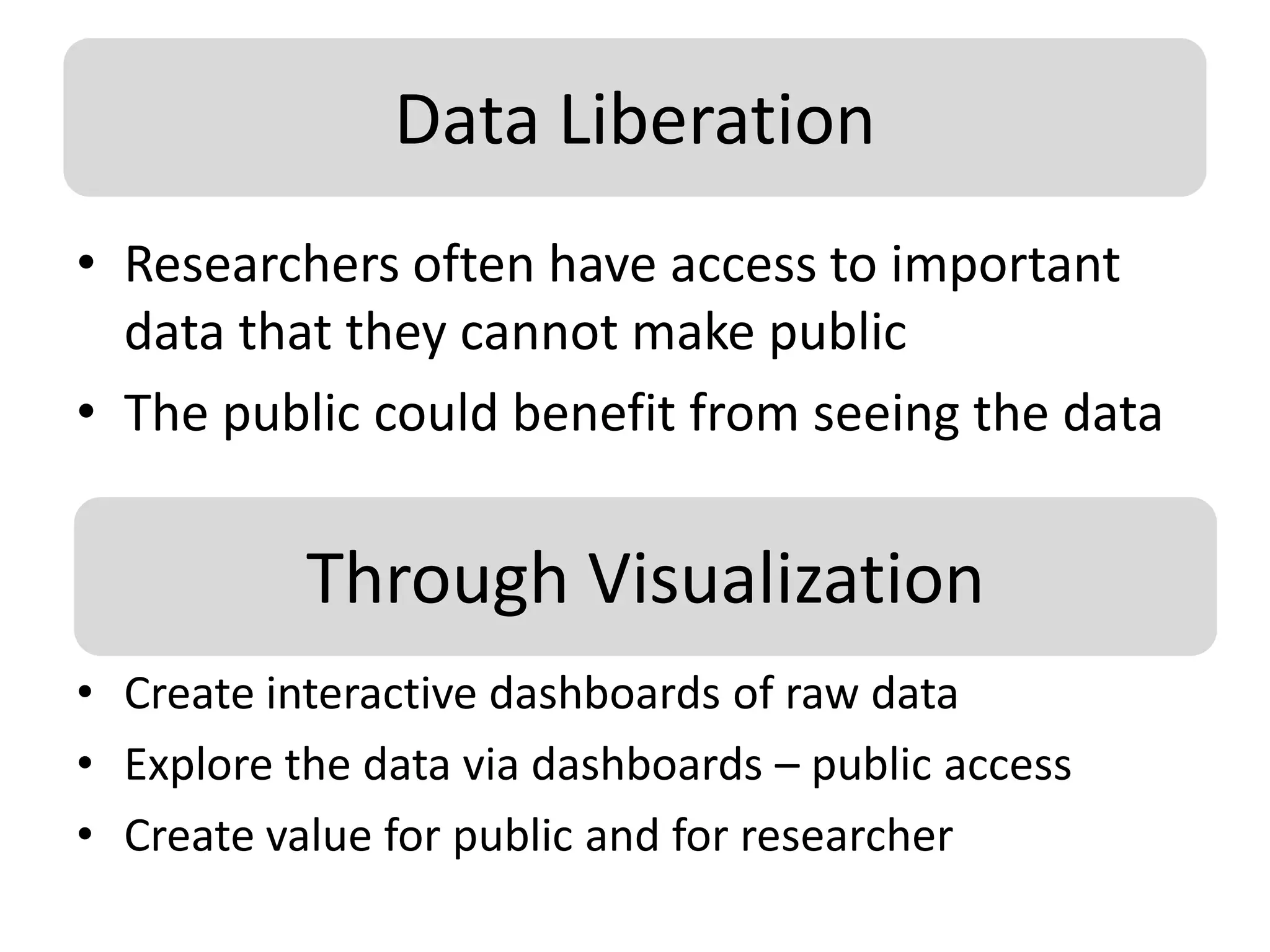 Data Liberation
• Researchers often have access to important
data that they cannot make public
• The public could benefit from seeing the data
Through Visualization
• Create interactive dashboards of raw data
• Explore the data via dashboards – public access
• Create value for public and for researcher