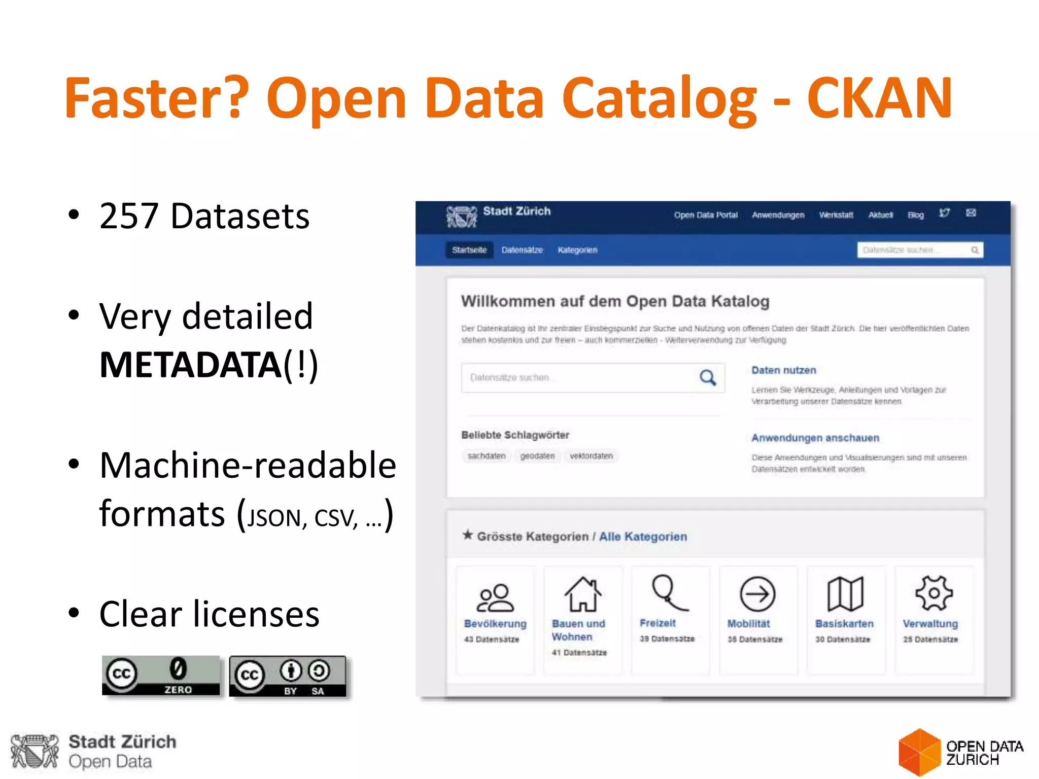 • 257 Datasets
• Very detailed
METADATA(!)
• Machine-readable
formats (JSON, CSV, …)
• Clear licenses
Faster? Open Data Catalog - CKAN
 