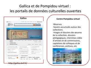 Gallica et de Pompidou virtuel :  les portails de données culturelles ouvertes F Centre Pompidou virtuel  Réserves Savoirs accumulés autour des collections images et dossiers des œuvres de la collection, dossiers pédagogiques, interviews vidéo d’artistes et de commissaires, captations de colloques et de conférences, archives, etc Gallica http://gallica.bnf.fr/ 