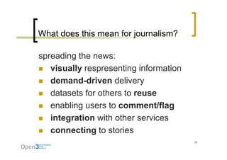 What does this mean for journalism?

spreading the news:
   visually respresenting information
   demand-driven
   demand driven delivery
   datasets for others to reuse
   enabling users to comment/flag
   integration with other services
   connecting to stories
              g
                                        15
 