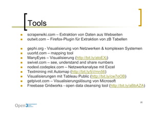 Tools
scraperwiki.com – Extraktion von Daten aus Webseiten
outwit.com – Firefox-Plugin für Extraktion von zB Tabellen

gephi.org - Visualisierung von Netzwerken & komplexen Systemen
uuorld.com – mapping tool
ManyEyes – Visualisierung (http://bit ly/atoEXj)
                             (http://bit.ly/atoEXj)
swivel.com – see, understand and share numbers
nodexl.codeplex.com – Netzwerkanalyse mit Excel
Textmining it A t
T t i i mit Automap (http://bit.ly/bVmn56)
                          (htt //bit l /bV 56)
Visualisierungen mit Tableau Public (http://bit.ly/cw7oOB)
getpivot.com – Visualisierungslösung von Microsoft
Freebase Gridworks - open data cleansing tool (http://bit.ly/aBbAZA)



                                                                 20
 