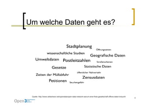 Um welche Daten geht es?




 Quelle: http://www.slideshare.net/opendata/open-data-network-warum-eine-freie-gesellschaft-offene-daten-braucht
                                                                                                                   4
 