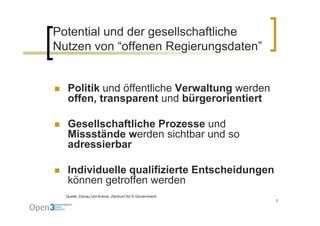 Potential und der gesellschaftliche
                  g
Nutzen von “offenen Regierungsdaten”


   Politik und öffentliche Verwaltung werden
   offen, transparent und bürgerorientiert

   Gesellschaftliche Prozesse und
   Missstände werden sichtbar und so
   adressierbar

   Individuelle qualifizierte Entscheidungen
   können getroffen werden
  Quelle: Donau-Uni Krems, Zentrum für E-Government
                                                      7
 