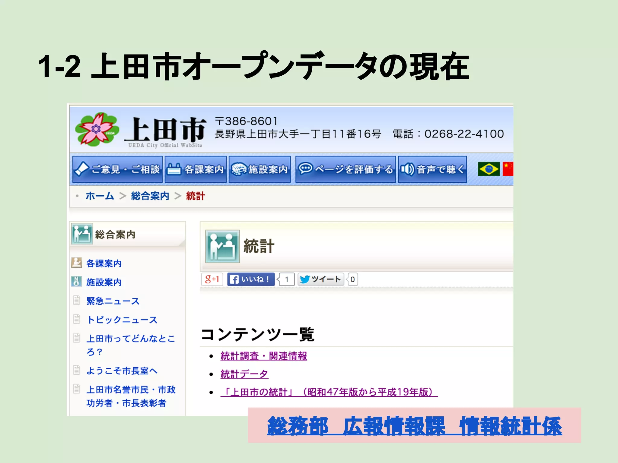 1-2 上田市オープンデータの現在

総務部　広報情報課　情報統計係

 