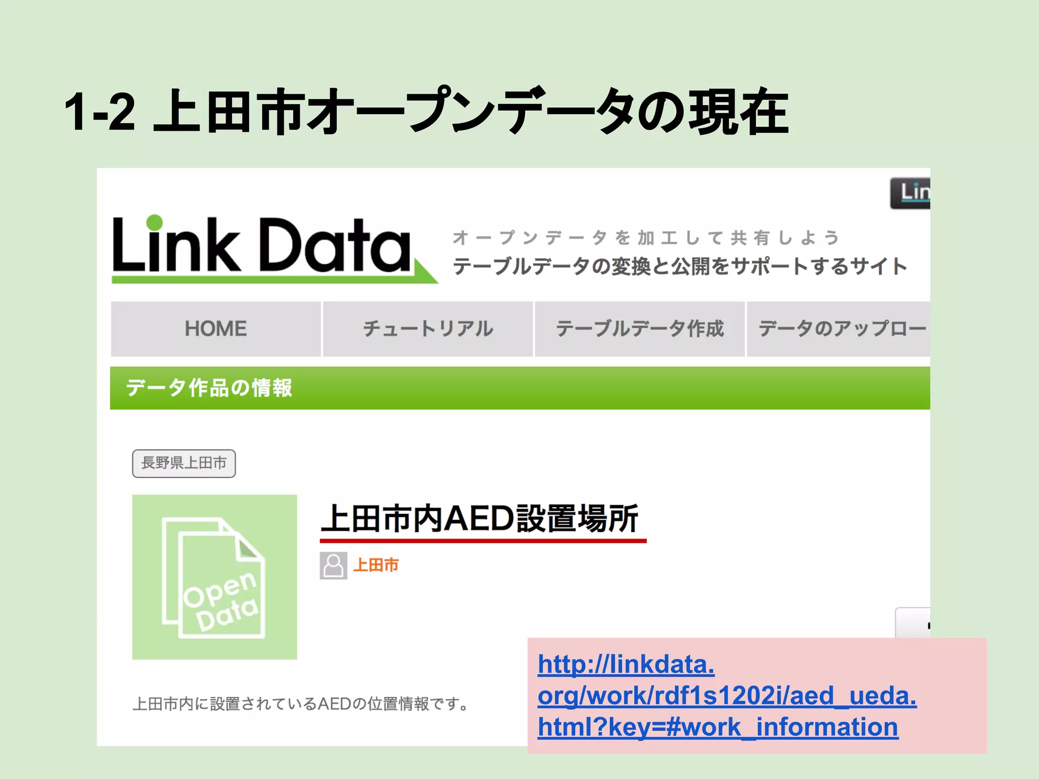 1-2 上田市オープンデータの現在

http://linkdata.
org/work/rdf1s1202i/aed_ueda.
html?key=#work_information

 