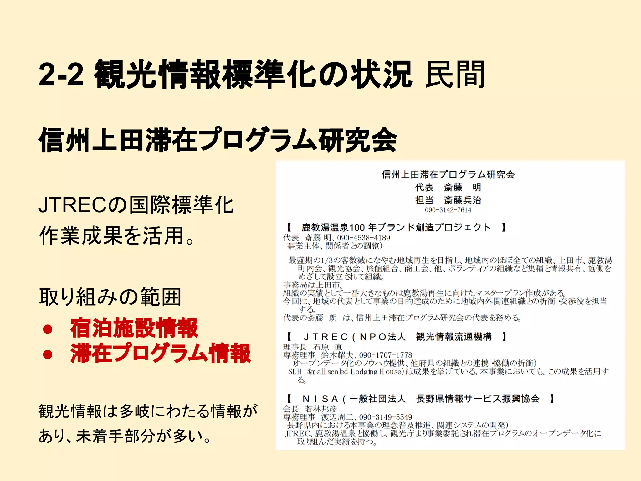 2-2 観光情報標準化の状況 民間
信州上田滞在プログラム研究会
JTRECの国際標準化
作業成果を活用。
取り組みの範囲
● 宿泊施設情報
● 滞在プログラム情報
観光情報は多岐にわたる情報が
あり、未着手部分が多い。

 