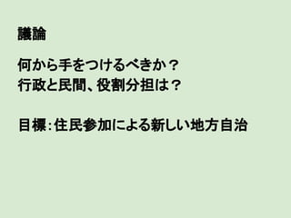 議論
何から手をつけるべきか？
行政と民間、役割分担は？
目標：住民参加による新しい地方自治

 