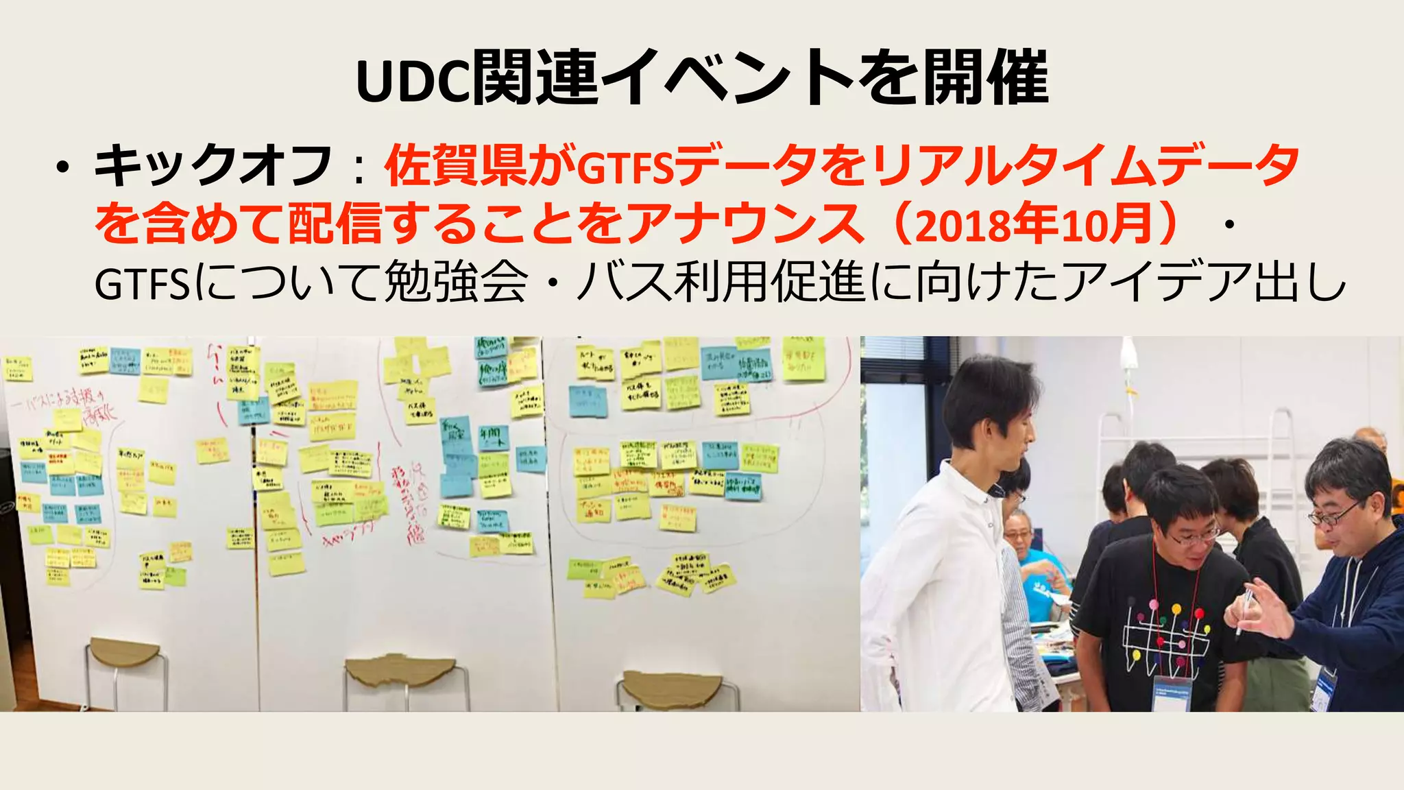 UDC関連イベントを開催
• キックオフ：佐賀県がGTFSデータをリアルタイムデータ
を含めて配信することをアナウンス（2018年10月）・
GTFSについて勉強会・バス利用促進に向けたアイデア出し
 