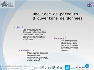 La médiation numérique et ses
actions sont soutenues par :
✔ Qui ?
Les producteurs de
données, notamment les
collectivités, avec des
acteurs de la médiation
numérique
✔ Comment ?
Par exemple des
ateliers de « beta-
test » de données
ouvertes, avec les
usagers✔ Pourquoi ?
Pour que les données
ne soient pas
uniquement ouvertes,
mais...utiles !
Une idée de parcours
d'ouverture de données
 