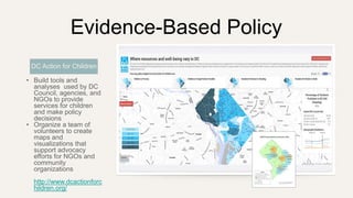 Evidence-Based Policy
• Build tools and
analyses used by DC
Council, agencies, and
NGOs to provide
services for children
and make policy
decisions
• Organize a team of
volunteers to create
maps and
visualizations that
support advocacy
efforts for NGOs and
community
organizations
http://www.dcactionforc
hildren.org/
DC Action for Children
 