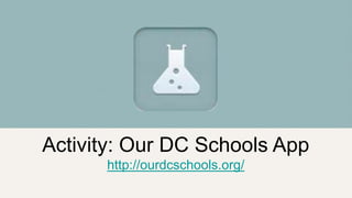 Activity: Our DC Schools App
http://ourdcschools.org/
 