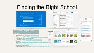 Finding the Right School
• Boston (US): http://www.discoverbps.org/
• Washington, DC (US): http://school-chooser.herokuapp.com/
• Tanzania: http://www.shule.info/
• Chicago (US): http://cpstiers.opencityapps.org/
• Spain:
http://www.juntadeandalucia.es/educacion/vscripts/centros/index.asp
UK: http://www.skillsroute.com/
• Moldova: http://afla.md/
• New York City (US): http://nyc-high-schools.findthebest.com/
School-comparison
apps
 