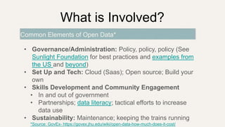 What is Involved?
• Governance/Administration: Policy, policy, policy (See
Sunlight Foundation for best practices and examples from
the US and beyond)
• Set Up and Tech: Cloud (Saas); Open source; Build your
own
• Skills Development and Community Engagement
• In and out of government
• Partnerships; data literacy; tactical efforts to increase
data use
• Sustainability: Maintenance; keeping the trains running
*Source: GovEx- https://govex.jhu.edu/wiki/open-data-how-much-does-it-cost/
Common Elements of Open Data*
 
