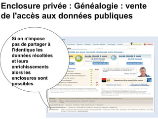 Enclosure privée : Généalogie : vente
de l'accès aux données publiques
Si on n'impose
pas de partager à
l'identique les
données récoltées
et leurs
enrichissements
alors les
enclosures sont
possibles
 