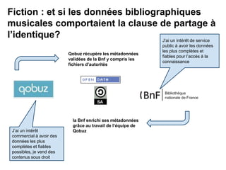 Fiction : et si les données bibliographiques
musicales comportaient la clause de partage à
l’identique?
Qobuz récupère les métadonnées
validées de la Bnf y compris les
fichiers d’autorités
J’ai un intérêt
commercial à avoir des
données les plus
complètes et fiables
possibles, je vend des
contenus sous droit
J’ai un intérêt de service
public à avoir les données
les plus complètes et
fiables pour l’accès à la
connaissance
la Bnf enrichi ses métadonnées
grâce au travail de l’équipe de
Qobuz
 