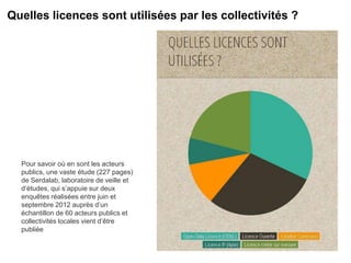 Quelles licences sont utilisées par les collectivités ?
Pour savoir où en sont les acteurs
publics, une vaste étude (227 pages)
de Serdalab, laboratoire de veille et
d’études, qui s’appuie sur deux
enquêtes réalisées entre juin et
septembre 2012 auprès d’un
échantillon de 60 acteurs publics et
collectivités locales vient d’être
publiée
 