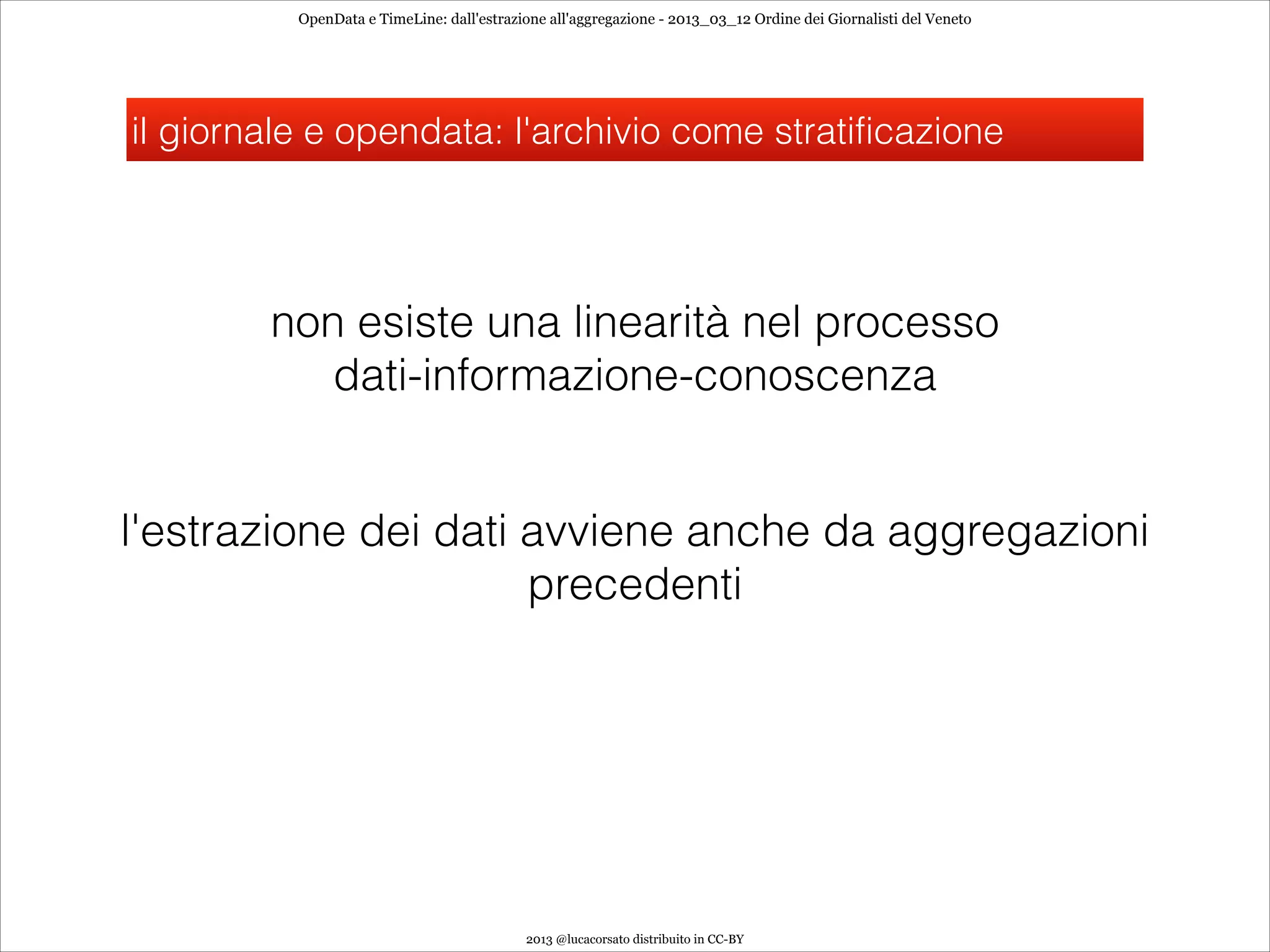 OpenData e TimeLine: dall'estrazione all'aggregazione - 2013_03_12 Ordine dei Giornalisti del Veneto




il giornale e opendata: l'archivio come stratificazione




        non esiste una linearità nel processo
           dati-informazione-conoscenza


l'estrazione dei dati avviene anche da aggregazioni
                      precedenti




                                           2013 @lucacorsato distribuito in CC-BY
 