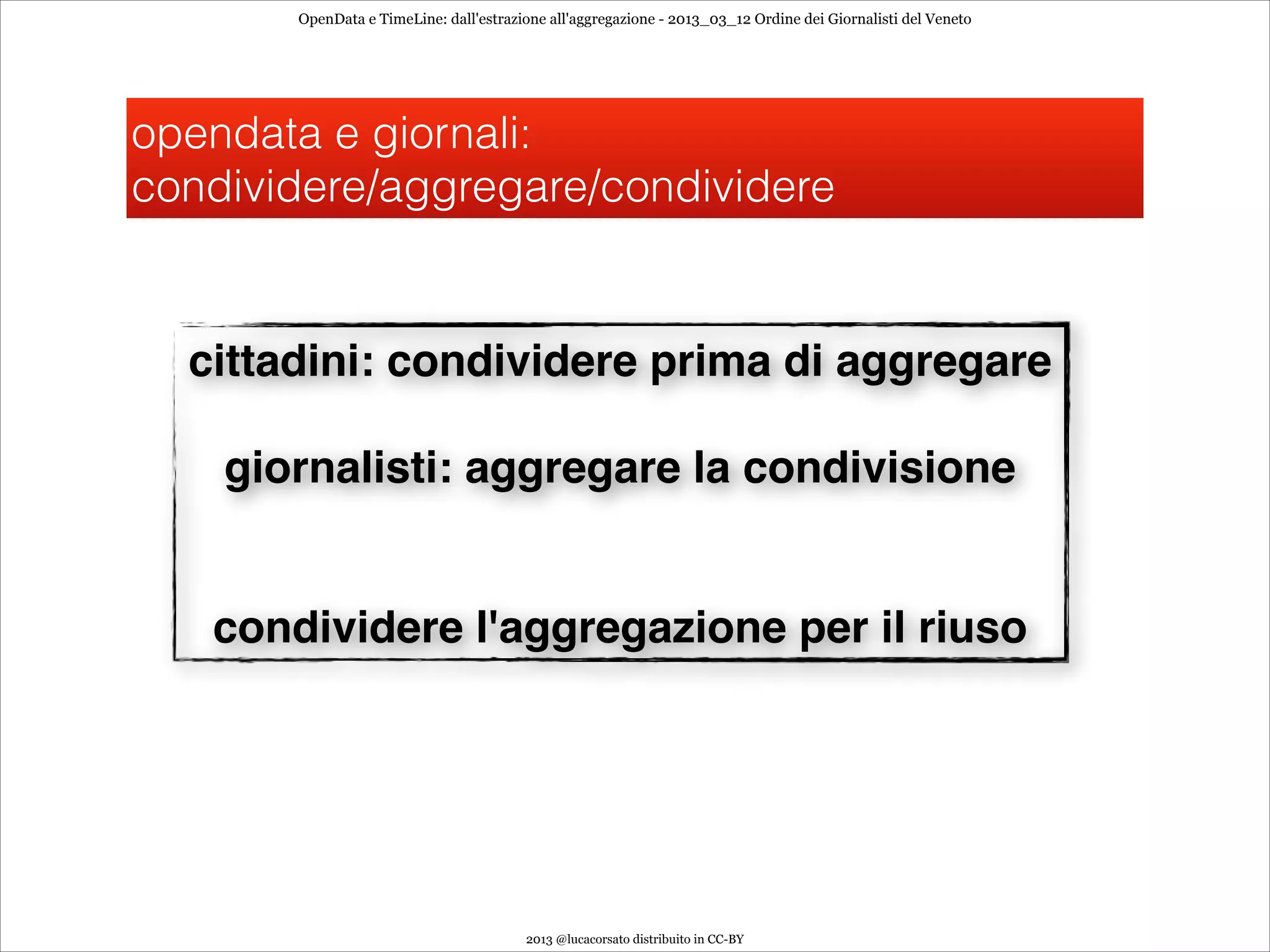 OpenData e TimeLine: dall'estrazione all'aggregazione - 2013_03_12 Ordine dei Giornalisti del Veneto




opendata e giornali:
condividere/aggregare/condividere


  cittadini: condividere prima di aggregare
                                                        
    giornalisti: aggregare la condivisione
                                                        
                                                        
   condividere l'aggregazione per il riuso




                                        2013 @lucacorsato distribuito in CC-BY
 