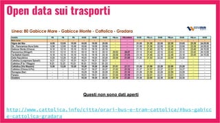Open data sui trasporti
Questi non sono dati aperti
http://www.cattolica.info/citta/orari-bus-e-tram-cattolica/#bus-gabicc
e-cattolica-gradara
 