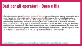 Dati per gli operatori - Open e Big
http://ontotext.com/linked-data-paths-smart-tourism-journey/
Marriott’s acquisition target Starwood Hotels and Resorts has been focusing on revenue optimization and is
using big data and advanced analytics for dynamic pricing. Starwood combines data about weather,
economic factors and local events to extract insights to decide when to launch promotions or how to
price offerings. For example, if weather is especially bad is the US Northeast or Midwest in the winter,
many people would be willing to go on a vacation on a Caribbean island at that time of the year. The ability
to predict when to increase or lower rates, or when to hold rates, or when investments will pay off the most,
leads to better revenue management and subsequently, to higher profit margins. This strategy has led to
an increase in its revenue-per-room – a key metric for hotels – of almost 5%.
 