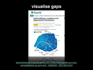 visualise gaps
www.lemonde.fr/sante/article/2012/04/10/enquete-sur-ces-
consultations-au-prix-fort_1682940_1651302.html
 