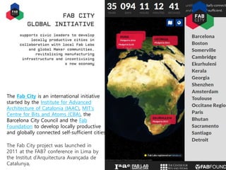 Maker
movement
Fab City
The Fab City is an international initiative
started by the Institute for Advanced
Architecture of Catalonia (IAAC), MIT’s
Centre for Bits and Atoms (CBA), the
Barcelona City Council and the Fab
Foundation to develop locally productive
and globally connected self-sufficient cities.
The Fab City project was launched in
2011 at the FAB7 conference in Lima by
the Institut d’Arquitectura Avançada de
Catalunya,
 