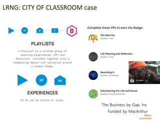 Maker
movement
LRNG: CITY OF CLASSROOM case
The Business by Gap, Inc
Funded by MacArthur
 