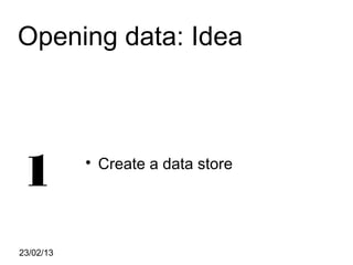 Opening data: Idea




1          
               Create a data store




23/02/13
 