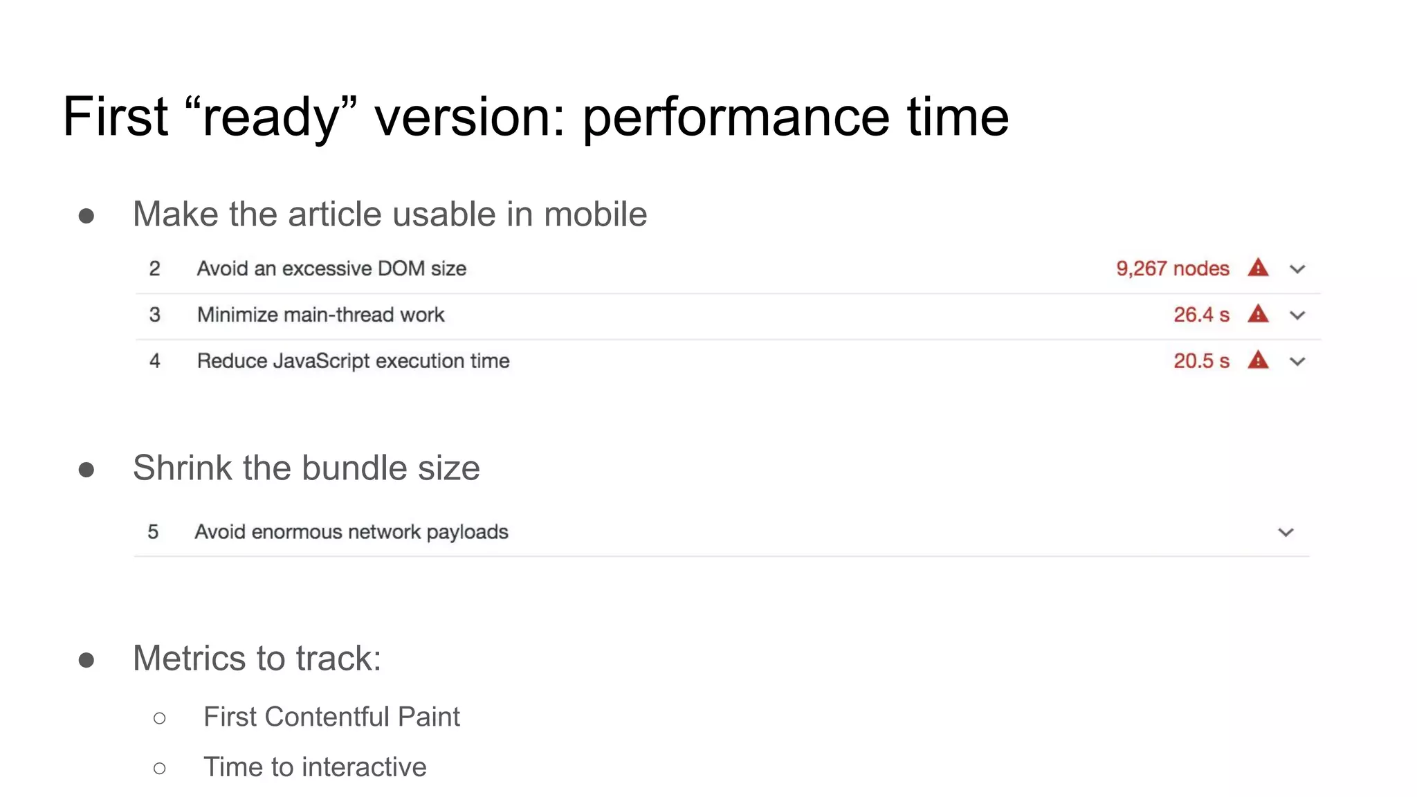 First “ready” version: performance time
● Make the article usable in mobile
● Shrink the bundle size
● Metrics to track:
○ First Contentful Paint
○ Time to interactive
 