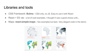Libraries and tools
● CSS Framework: Bulma - CSS only, no JS. Easy to use it with React
● React + D3: vx - a lot of cool examples. I thought it was a good choice until...
● Maps: react-simple-maps - few examples but lean. Very elegant code in the demo.
 