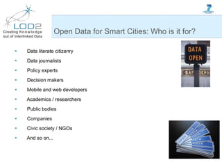 Creating Knowledge
out of Interlinked Data
Open Data for Smart Cities: Who is it for?
 Data literate citizenry
 Data jou...