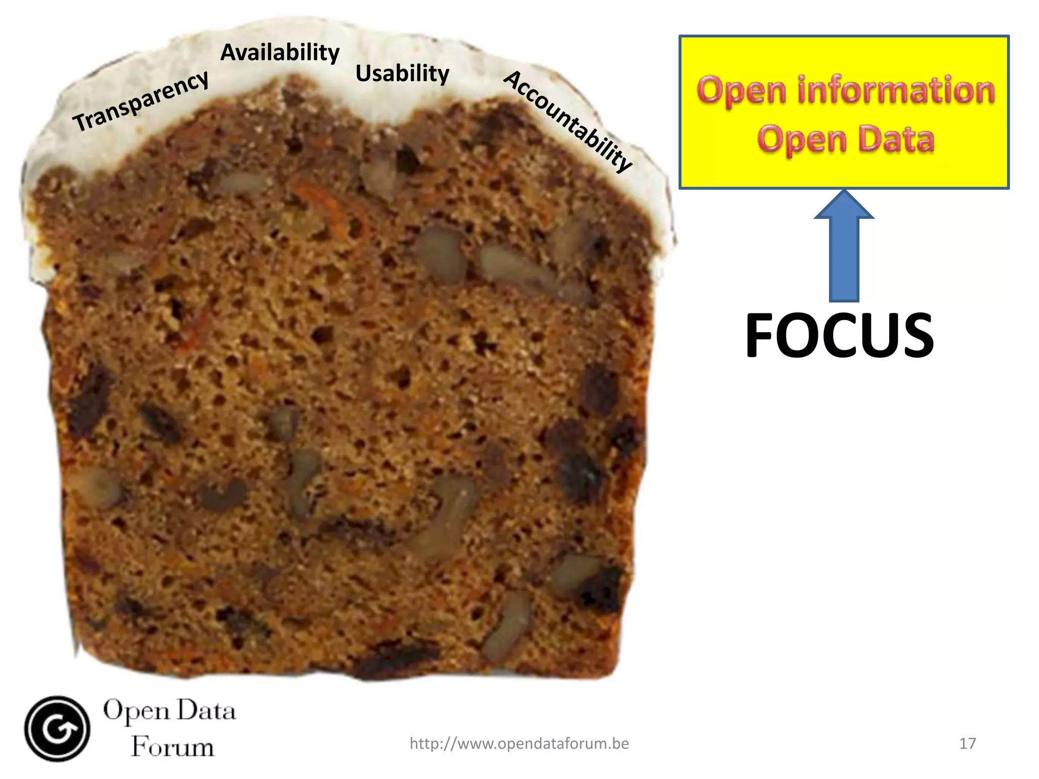 Availability
               Usability




                                                  FOCUS




                    http://www.opendataforum.be           17
 
