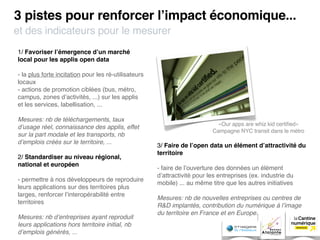 3 pistes pour renforcer lʼimpact économique...
et des indicateurs pour le mesurer
1/ Favoriser lʼémergence dʼun marché
local pour les applis open data

- la plus forte incitation pour les ré-utilisateurs
locaux
- actions de promotion ciblées (bus, métro,
campus, zones dʼactivités, ...) sur les applis
et les services, labellisation, ...

Mesures: nb de téléchargements, taux
                                                                             «Our apps are whiz kid certiﬁed»
dʼusage réel, connaissance des applis, effet
                                                                           Campagne NYC transit dans le métro
sur la part modale et les transports, nb
dʼemplois créés sur le territoire, ...
                                                      3/ Faire de lʼopen data un élément dʼattractivité du
                                                      territoire
2/ Standardiser au niveau régional,
national et européen
                                                      - faire de lʼouverture des données un élément
                                                      dʼattractivité pour les entreprises (ex. industrie du
- permettre à nos développeurs de reproduire
                                                      mobile) ... au même titre que les autres initiatives
leurs applications sur des territoires plus
larges, renforcer lʼinteropérabilité entre
                                                      Mesures: nb de nouvelles entreprises ou centres de
territoires
                                                      R&D implantés, contribution du numérique à lʼimage
                                                      du territoire en France et en Europe...
Mesures: nb dʼentreprises ayant reproduit
leurs applications hors territoire initial, nb
dʼemplois générés, ...
 